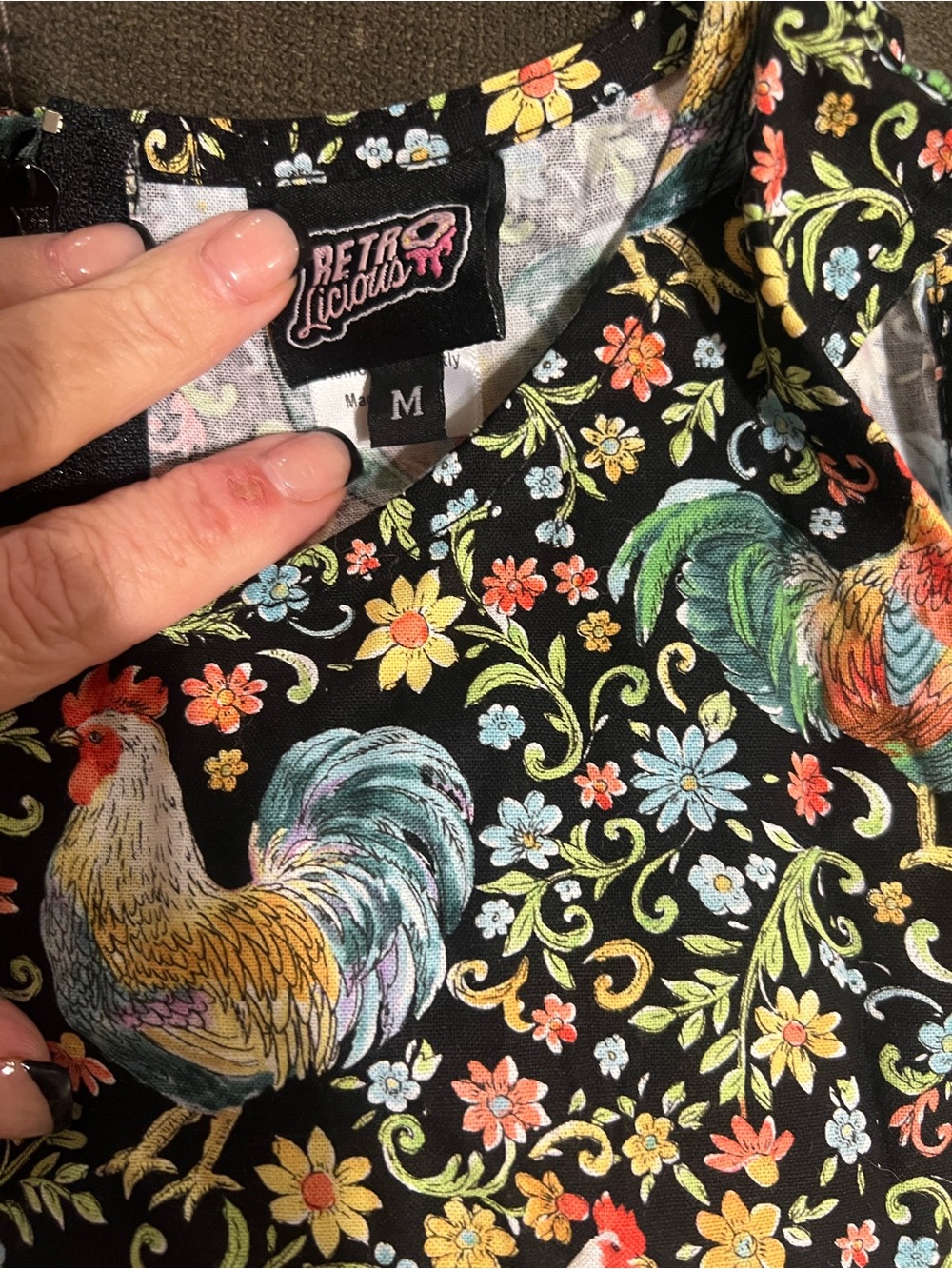 Retrolicious Black Multicolor Rooster & Floral Top